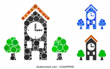 Clock tower composition for clock tower icon of round dots in different sizes and color tints. Vector round dots are organized into blue composition.