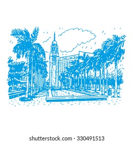 Clock Tower in Hong Kong. Vector hand drawn sketch.