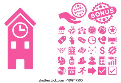 Clock Tower icon with bonus clip art. Vector illustration style is flat iconic symbols, pink color, white background.