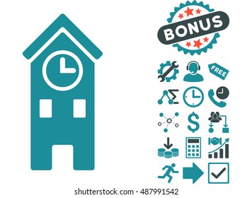 Clock Tower icon with bonus images. Vector illustration style is flat iconic bicolor symbols, soft blue colors, white background.