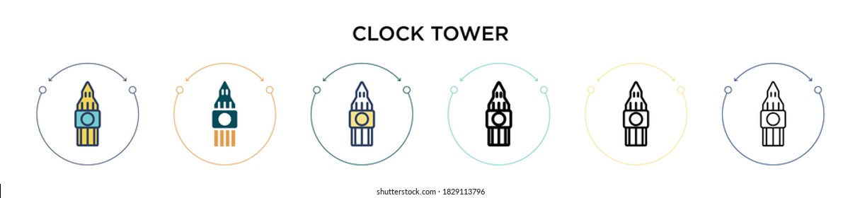 Clock tower icon in filled, thin line, outline and stroke style. Vector illustration of two colored and black clock tower vector icons designs can be used for mobile, ui, web