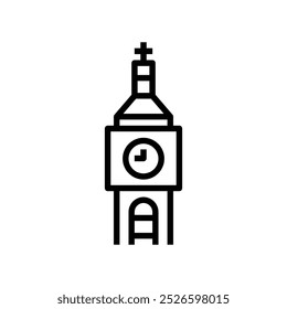 Icono de la torre del reloj. Diseño de estilo de contorno aislado sobre fondo blanco