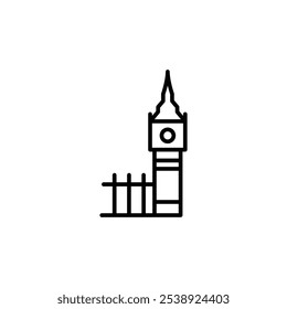 Icono de la Torre del Reloj. Representación simplificada de una famosa torre del reloj, inspirada en el icónico Big Ben de Londres, ideal para guías de viaje y referencias culturales. Ilustración vectorial