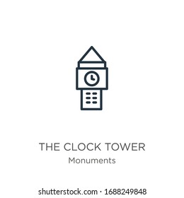 The clock tower icon. Thin linear the clock tower outline icon isolated on white background from monuments collection. Line vector sign, symbol for web and mobile