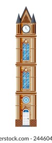 Clock Tower Isolated on White. Medieval Building of Old Town. European Castle Tower with Spire and Clock. Historic Bell Tower with Windows and Door. Cartoon Flat Vector Illustration