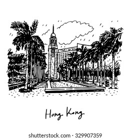 The Clock Tower in Kowloon, Hong Kong, China. Vector hand drawn sketch.