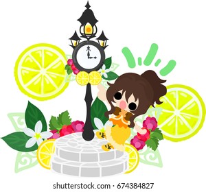 A clock tower of lemons and a cute little girl