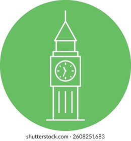 Clock tower line icon on green circular background for tourism and cultural themes