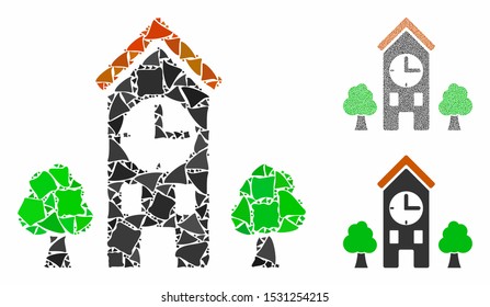 Clock tower mosaic of humpy parts in various sizes and color hues, based on clock tower icon. Vector ragged parts are united into mosaic. Clock tower icons collage with dotted pattern.
