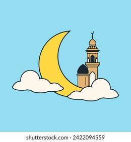 una torre de reloj de mezquita o masjid con una media luna en el cielo
