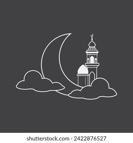 a clock tower of mosque or masjid with a crescent in the sky with black and white or grayscale color background