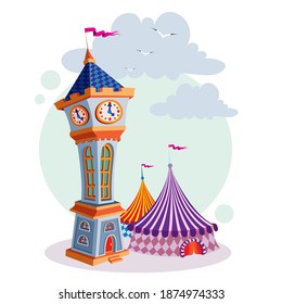 clock tower next to which there are circus tents, isolated object on white background, vector illustration, eps