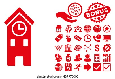 Clock Tower pictograph with bonus design elements. Vector illustration style is flat iconic symbols, red color, white background.