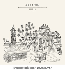 Clock tower and Sardar Market gate in Jodhpur by Mehrangarh fort, Rajasthan, India. Artistic travel sketch. Hand drawn postcard, poster, book illustration in vector