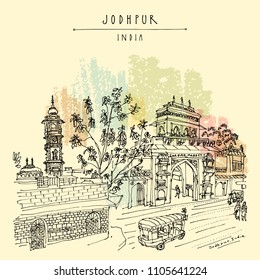 Clock tower and Sardar Market gate in Jodhpur by Mehrangarh fort, Rajasthan, India. Artistic travel sketch. Hand drawn postcard, poster, book illustration in vector