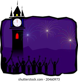  clock tower and silhouettes of people	