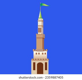 Torre del reloj de la ciudad. Ilustración vectorial aislada en fondo azul.