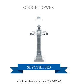 Clock Tower in Victoria in Seychelles. Flat cartoon style historic sight showplace attraction web site vector illustration. World countries cities vacation travel sightseeing Africa Island collection.