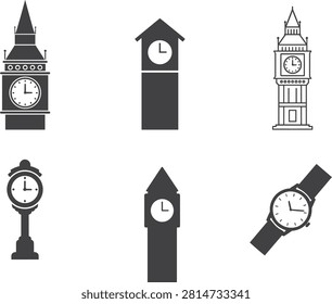 Clock tower and wristwatch icon set featuring various minimalist timepieces big ben style towers street dial indicators for web design