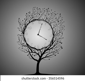 clock tree, black and white, time of plant life idea, strange clock, vector, 