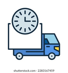 Elemento de diseño o icono coloreado de concepto de tiempo de entrega de vectores de reloj y camión