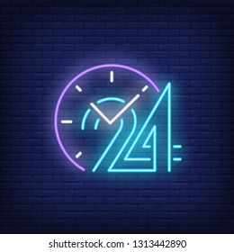 Clock and twenty four hours neon sign. Round clock service advertisement design. Night bright neon sign, colorful billboard, light banner. Vector illustration in neon style.