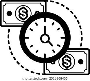 A clock with two dollar bills on either side of it