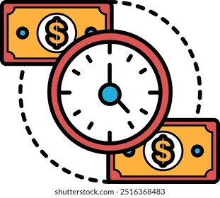 A clock with two dollar bills on either side of it