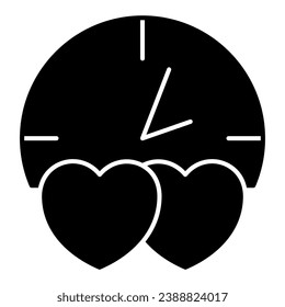 Clock, two hearts, speed date, lovely time solid icon, speed dating concept, in love vector sign on white background, glyph style icon for mobile concept and web design. Vector graphics