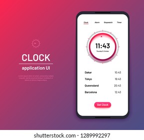 Clock ui. Time countdown interface kit. Modern clock screen phone application vector layout