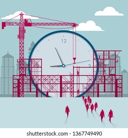 The clock is under construction.A group of businessmen walked to the building site.