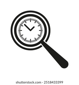 Clock under magnifier. Time management symbol. Search time icon. Vector black illustration.