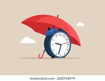Clock under umbrella. 24-7 support service,  working hours. Flat vector illustration