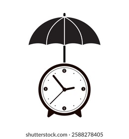 Clock under umbrella, monochrome icon. Time management, deadline concept. Black umbrella protecting alarm clock, your time protection and optimization. Design template. flat vector illustration