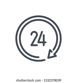 Clock with update arrow and 24 line icon. Repeat and refresh time vector outline sign.