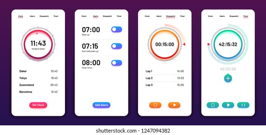 Clock user interface. Alarm stopwatch timer ui mobile phone. Time app vector design