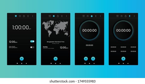 Clock User Interface. Alarm Stopwatch Timer Ui Mobile Phone. Cellphone Watch Widget Futuristic Vector User Interfaces.Modern Clock Screen Phone Applicat App Ui Clock Mobile, Time And Date Illustration