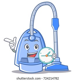 With clock vacuum cleaner character cartoon