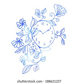 Clock vector art illustration, blue watercolor, floral branch. For design.