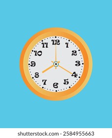 Clock vector flat illustration isolated. Colorful classic round wall clock. Quartz clock with yellow frame. Circle wall watch for timing counting modern numeral clockface with hour and minute pointer.