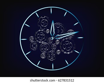clock vector with gearwheels and cogwheels mechanism inside (illustration with neon effect on mesh background)