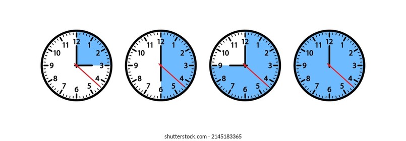 Icono vectorial de reloj, diferentes tiempos, mirar 3, 6, 9, 12 horas. Se muestra el trimestre del temporizador de Cocina. Ilustración gráfica