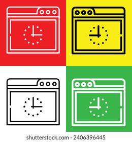 Icono del vector de reloj, icono de estilo lineal, de la colección de iconos Trabajar en progreso, aislado en Fondo rojo, amarillo, blanco y verde.