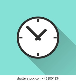 Clock vector icon with long shadow. White illustration isolated on green background for graphic and web design.