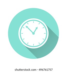 Clock vector icon with long shadow. White illustration isolated for graphic and web design.