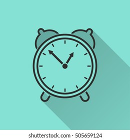 Clock vector icon with long shadow. black illustration isolated on green background for graphic and web design.