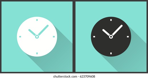 Clock vector icon with long shadow. Illustration isolated for graphic and web design.