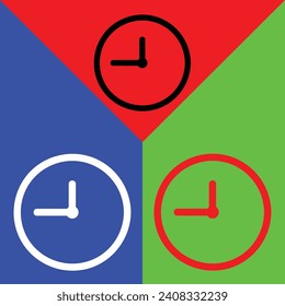Clock Vector Icon, Outline style, isolated on Red, Green and Blue Background.