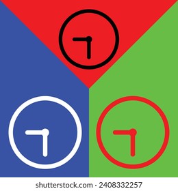 Clock Vector Icon, Outline style, isolated on Red, Green and Blue Background.