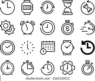 clock vector icon set such as: timetable, mechanical, appointment, reload, support, target, money, complete, system, alarmclock, calendar, month, past, mechanic, machinery, transmission, refresh